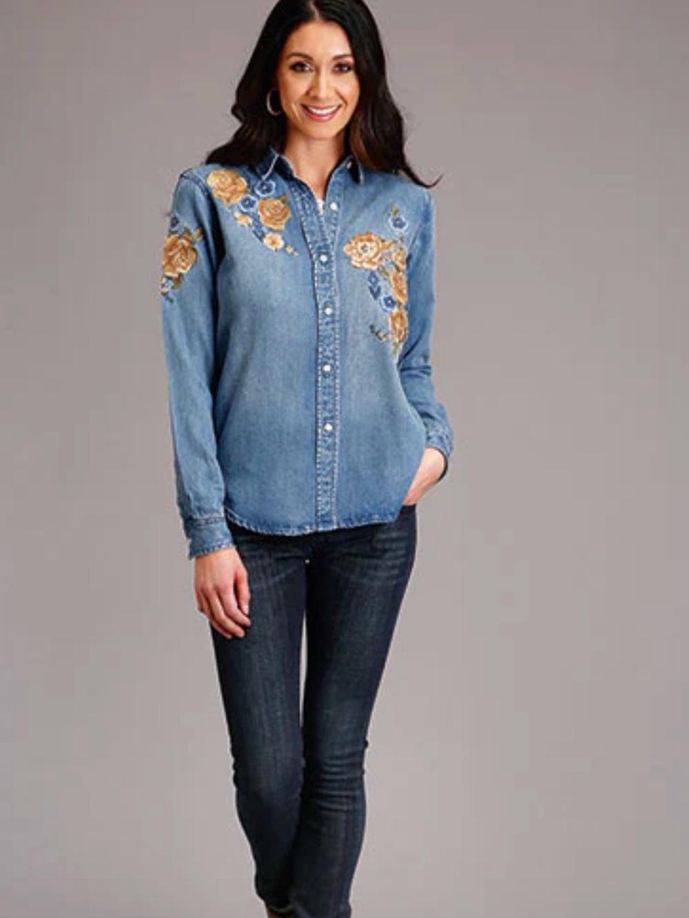 Stetson Embroidered Denim Button-Up Shirt Floral